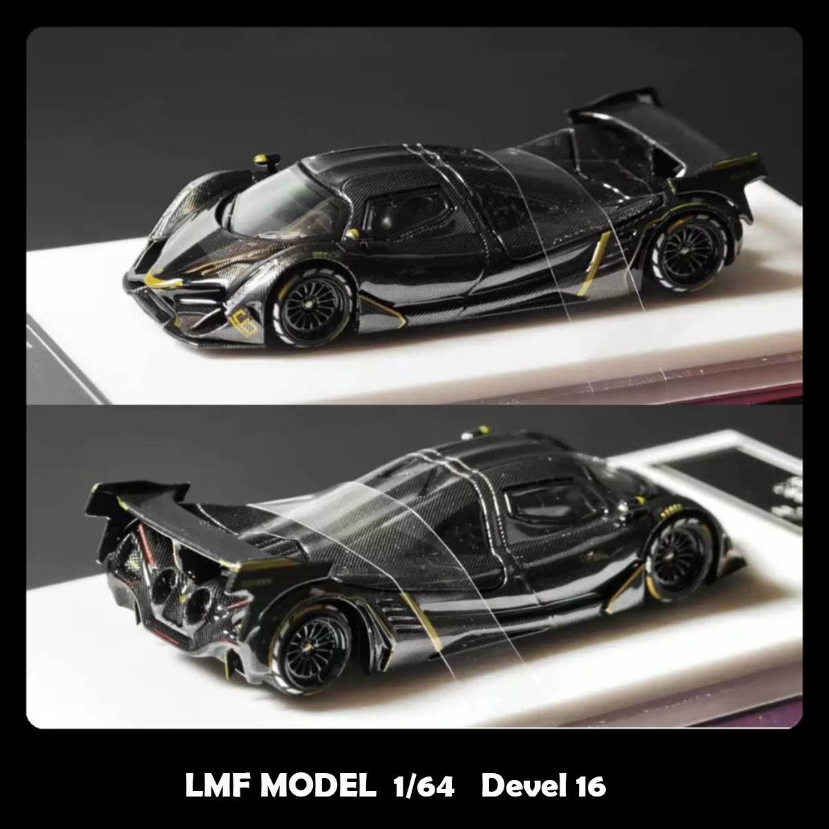 Die Cast Car 1 64 - LMFモデル 1:64 デベル16 ハイパーカー フルカーボンファイバー ゴールドトリム＆シルバートリム