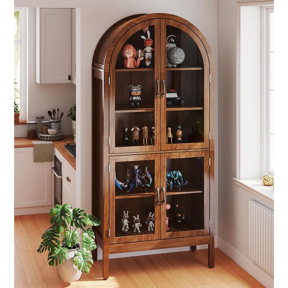 Display Case Acrylic - 高さ70.9インチのウォールナットアクリルガラス製コレクション用ディスプレイキャビネット、リビングルーム用5段キュリオケース