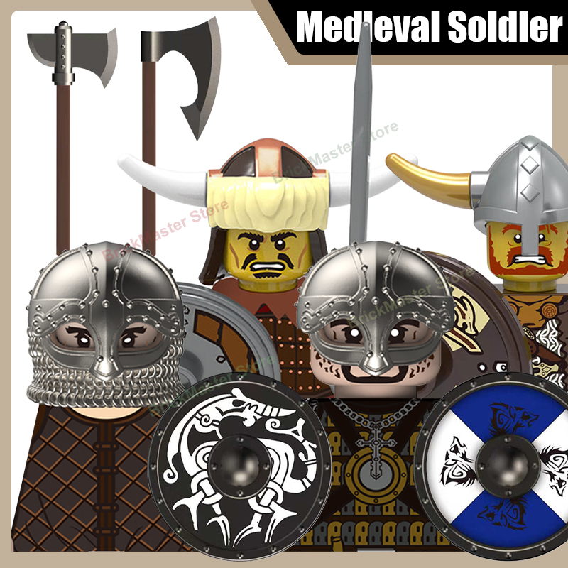 Lego Minifigure Holder - 中世軍事バイキング戦士兵士フィギュア 組み立てブロック 城 部隊襲撃者 歩兵 シールド